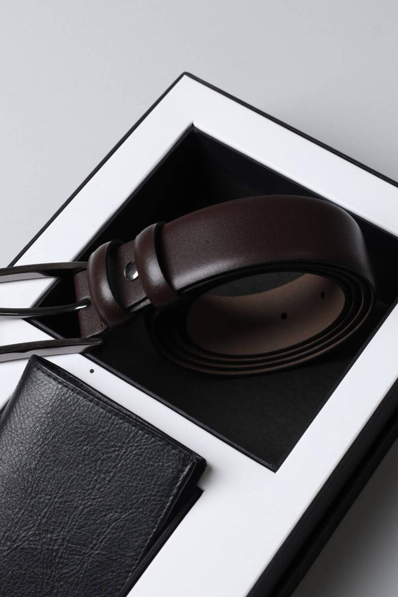 2'li Kahverengi Kemer & Siyah Cüzdan Kutulu Hediye Seti - 2