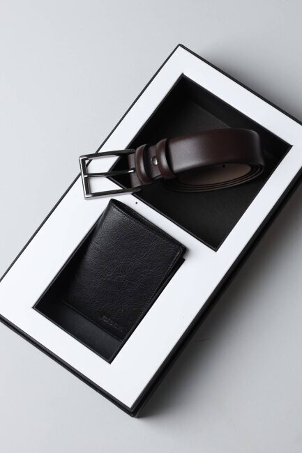 2'li Kahverengi Kemer & Siyah Cüzdan Kutulu Hediye Seti