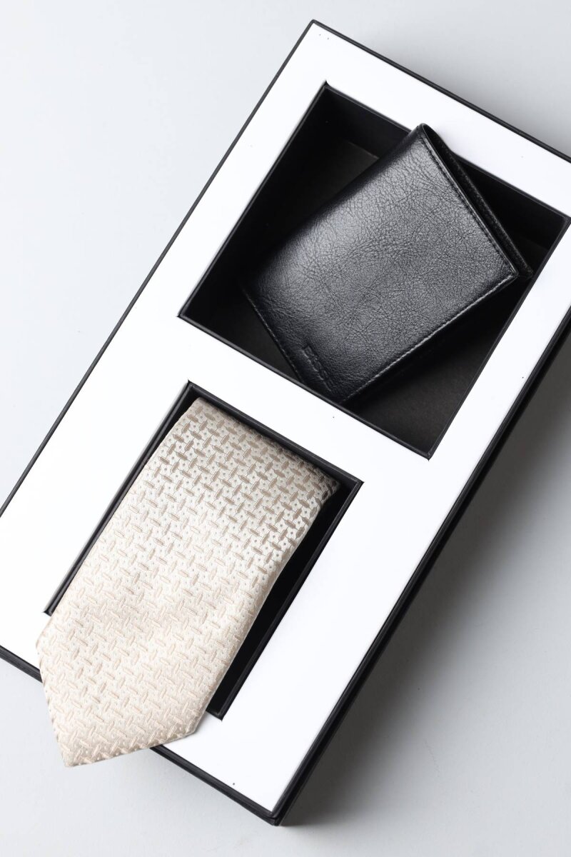 2'li Krem Kravat & Siyah Deri Cüzdan Kutulu Hediye Seti - 1