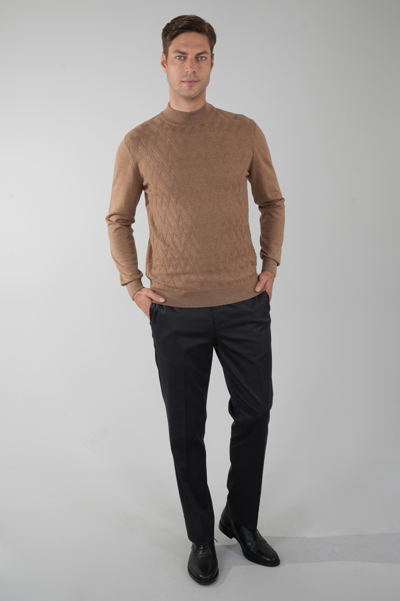 Açık Kahve Yarım Balıkçı Ön Jakar Yün Erkek Triko - 5