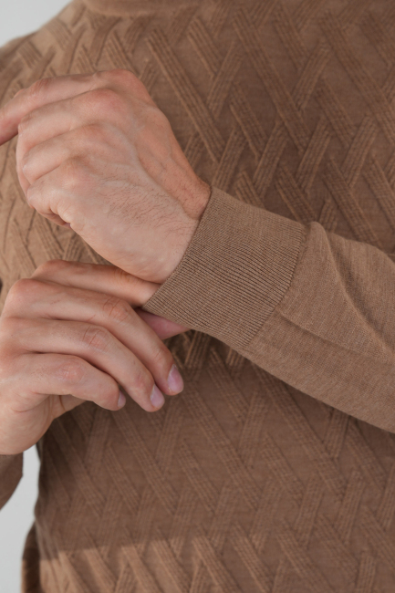 Açık Kahve Yarım Balıkçı Ön Jakar Yün Erkek Triko - 4