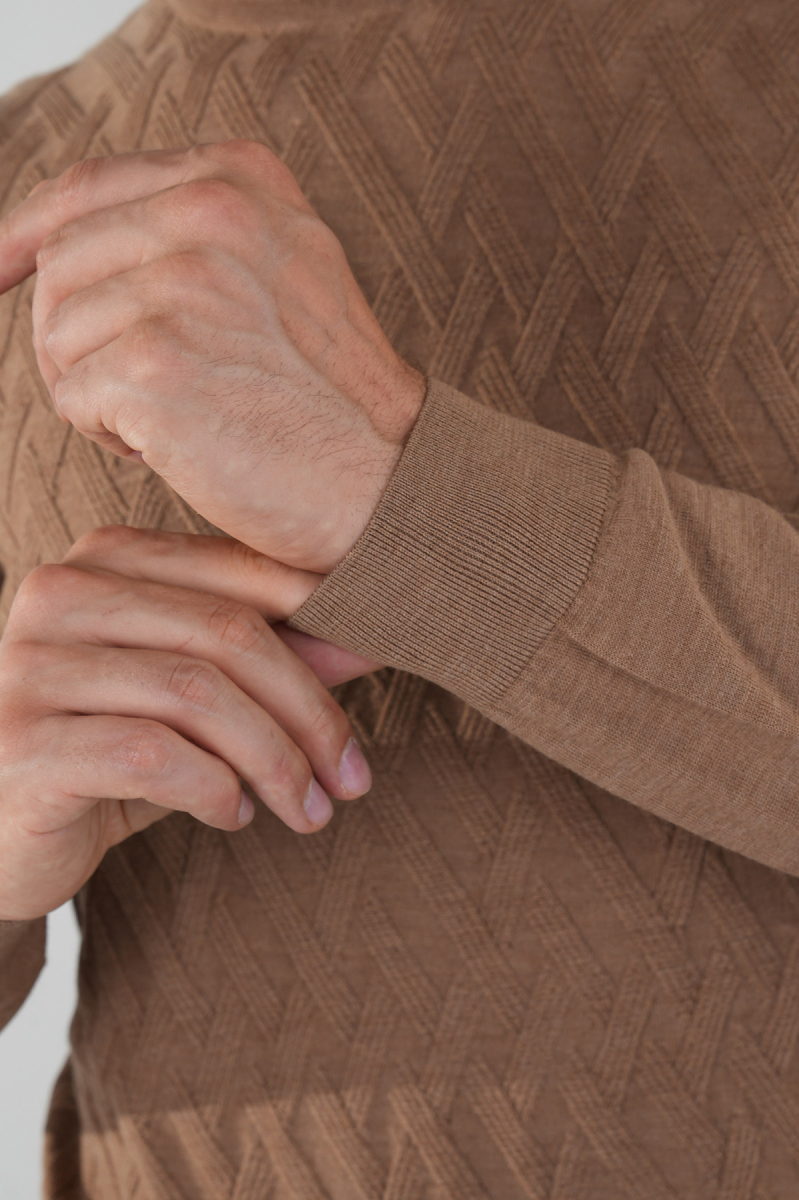 Açık Kahve Yarım Balıkçı Ön Jakar Yün Erkek Triko - 4