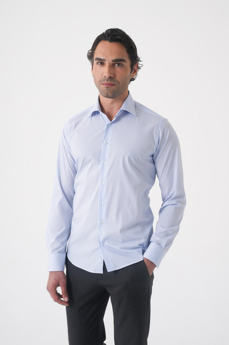 Açık Mavi Uzun Kol Klasik D Yaka Cepsiz Erkek Gömlek   - 2