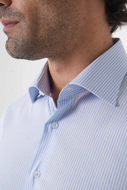 Açık Mavi Uzun Kol Klasik D Yaka Cepsiz Erkek Gömlek   - 6