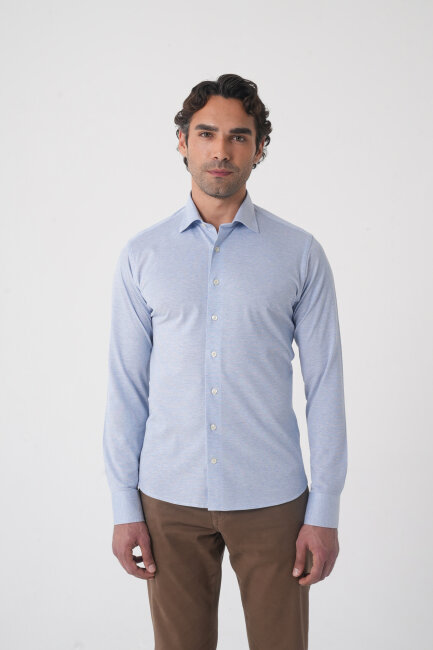 Açık Mavi Uzun Kol Klasik Yaka Örme Cepsiz Erkek Gömlek   - 1