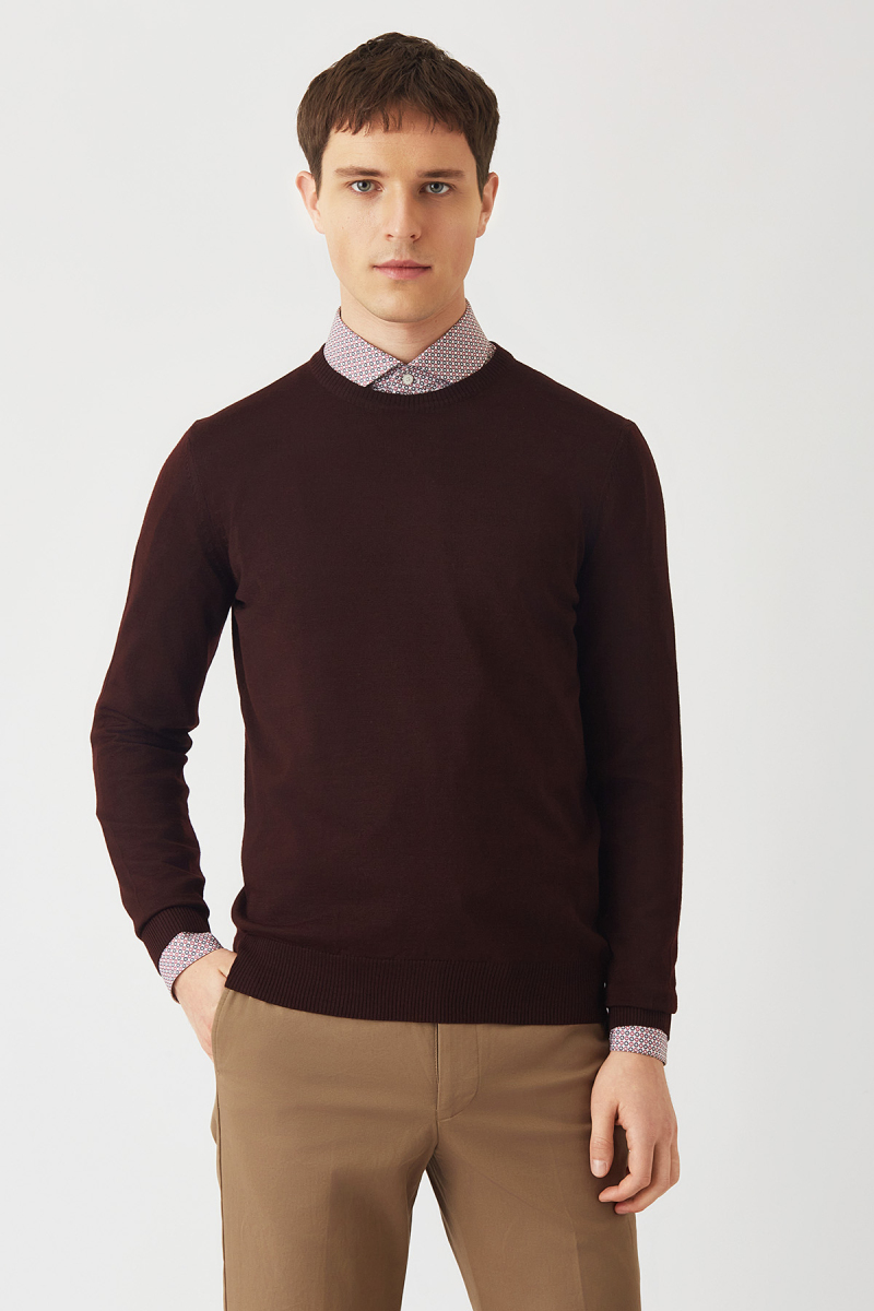 Akrilik Yün Bisiklet Yaka Bordo Erkek Triko - 1