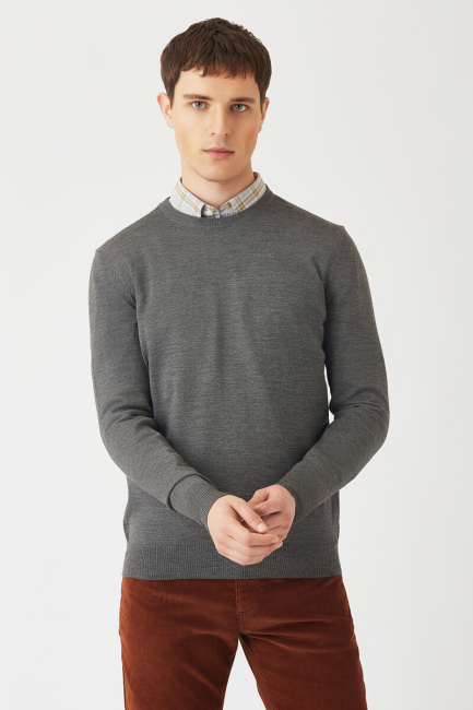 Akrilik Yün Bisiklet Yaka Gri Erkek Triko - 1