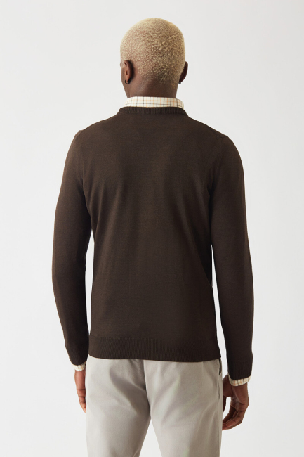 Akrilik Yün Bisiklet Yaka Kahve Erkek Triko - 2