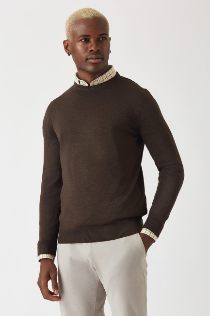 Akrilik Yün Bisiklet Yaka Kahve Erkek Triko 