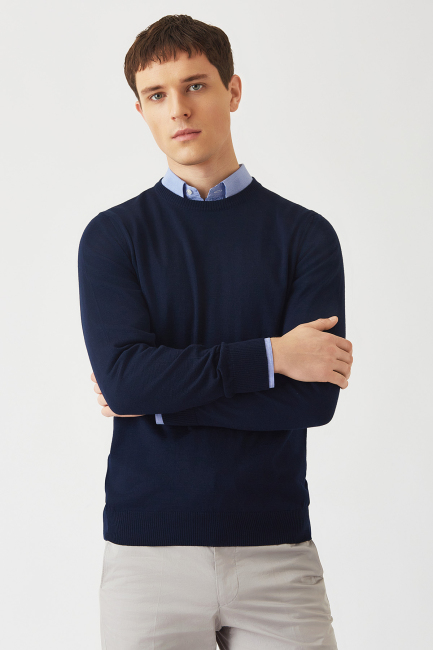 Akrilik Yün Bisiklet Yaka Lacivert Erkek Triko 