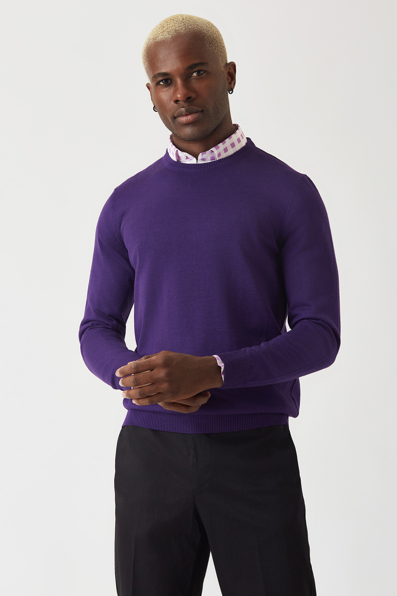 Akrilik Yün Bisiklet Yaka Mor Erkek Triko - 1