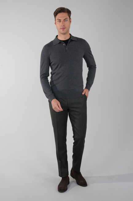 Antrasit Düğmeli Polo Yaka Erkek Yün Triko - 5