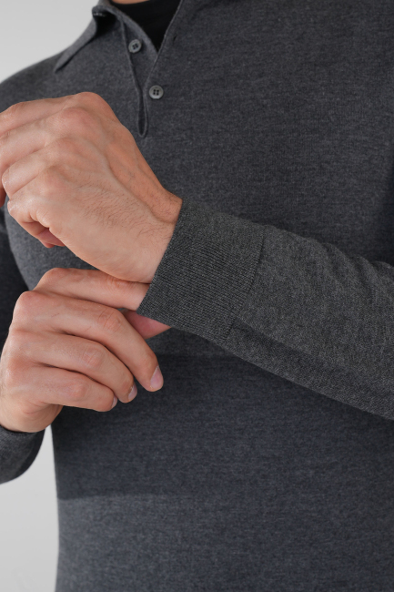 Antrasit Düğmeli Polo Yaka Erkek Yün Triko - 4