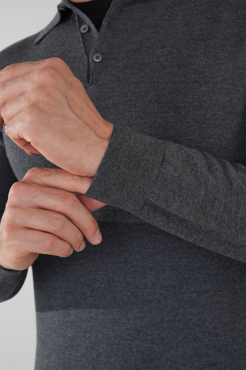 Antrasit Düğmeli Polo Yaka Erkek Yün Triko - 4