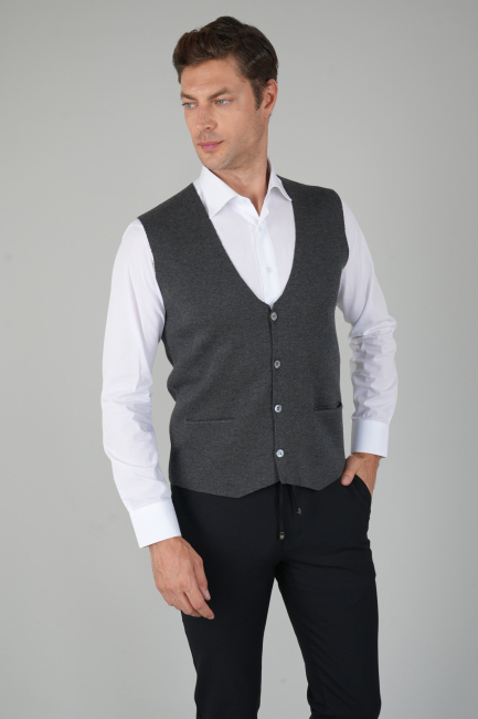Antrasit Düz Triko Yün Erkek Yelek - 5