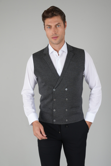 Antrasit Kruvaze Yün Erkek Yelek