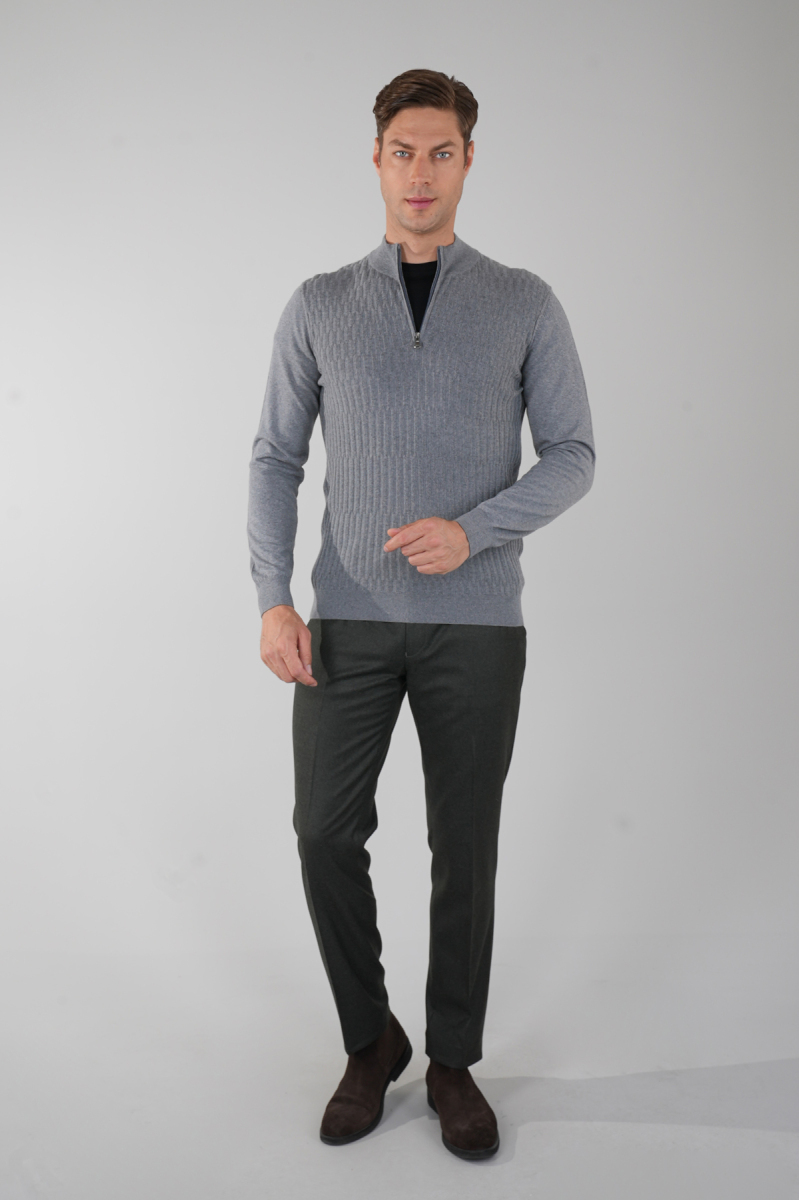 Antrasit Yarım Balıkçı Fermuarlı Full Jakar Yün Erkek Triko - 5