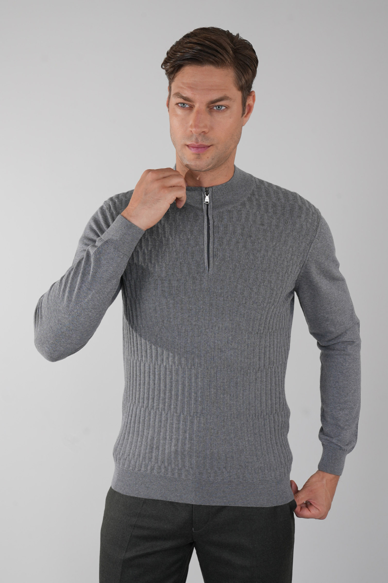 Antrasit Yarım Balıkçı Fermuarlı Full Jakar Yün Erkek Triko