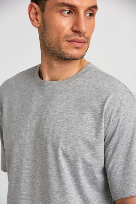 Basic Oversize Gri Melanj Erkek T-Shirt - 4