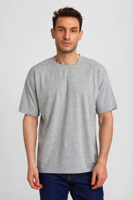 Basic Oversize Gri Melanj Erkek T-Shirt (1)