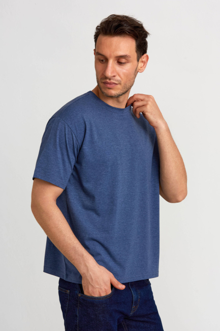 Basic Oversize İndigo Melaj Erkek T-Shirt - 5