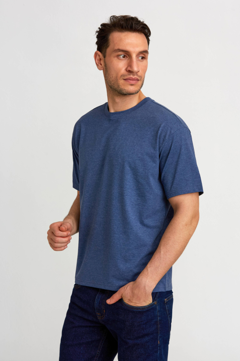 Basic Oversize İndigo Melaj Erkek T-Shirt - 1