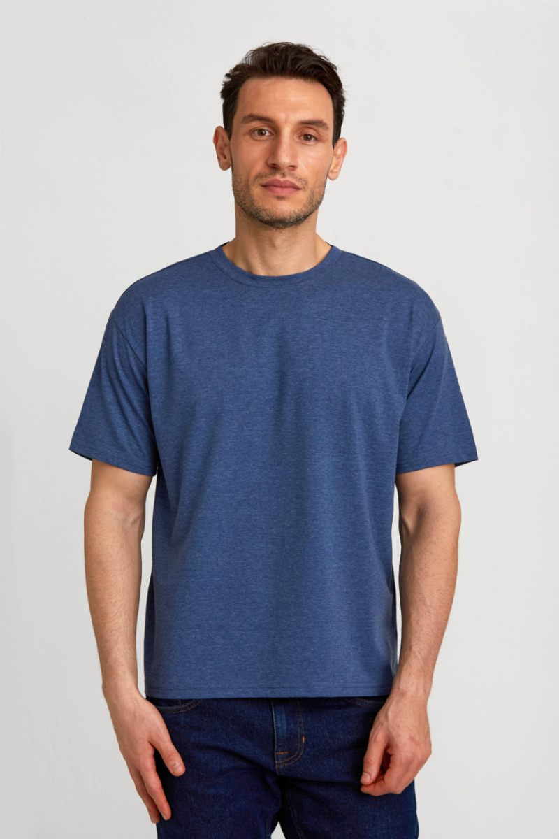 Basic Oversize İndigo Melaj Erkek T-Shirt - 2