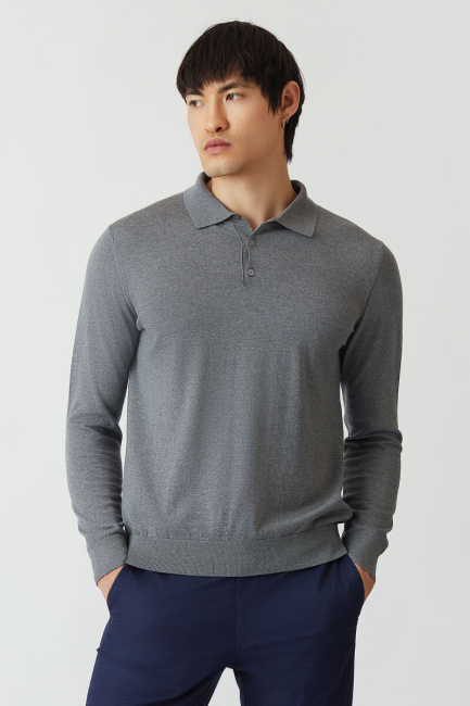 Basic Polo Yaka Yün Koyu Gri Erkek Triko