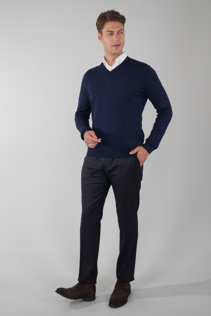 Basic V Yaka Lacivert  Erkek Triko - 5