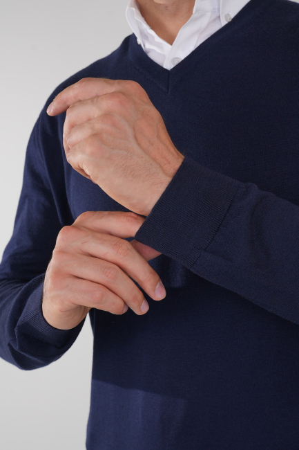 Basic V Yaka Lacivert  Erkek Triko - 3