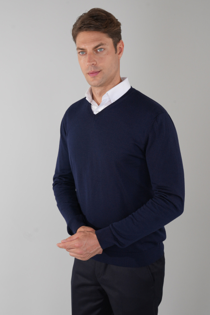 Basic V Yaka Lacivert  Erkek Triko - 4