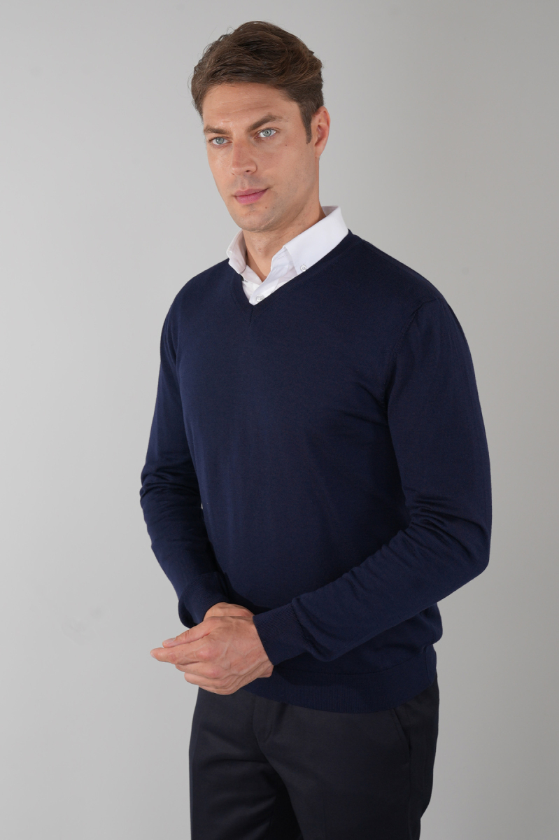 Basic V Yaka Lacivert  Erkek Triko - 4