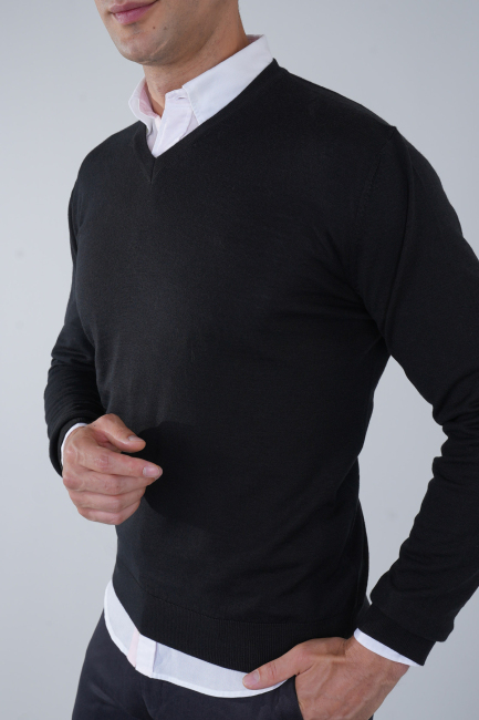 Basic V Yaka Siyah Erkek Triko - 3