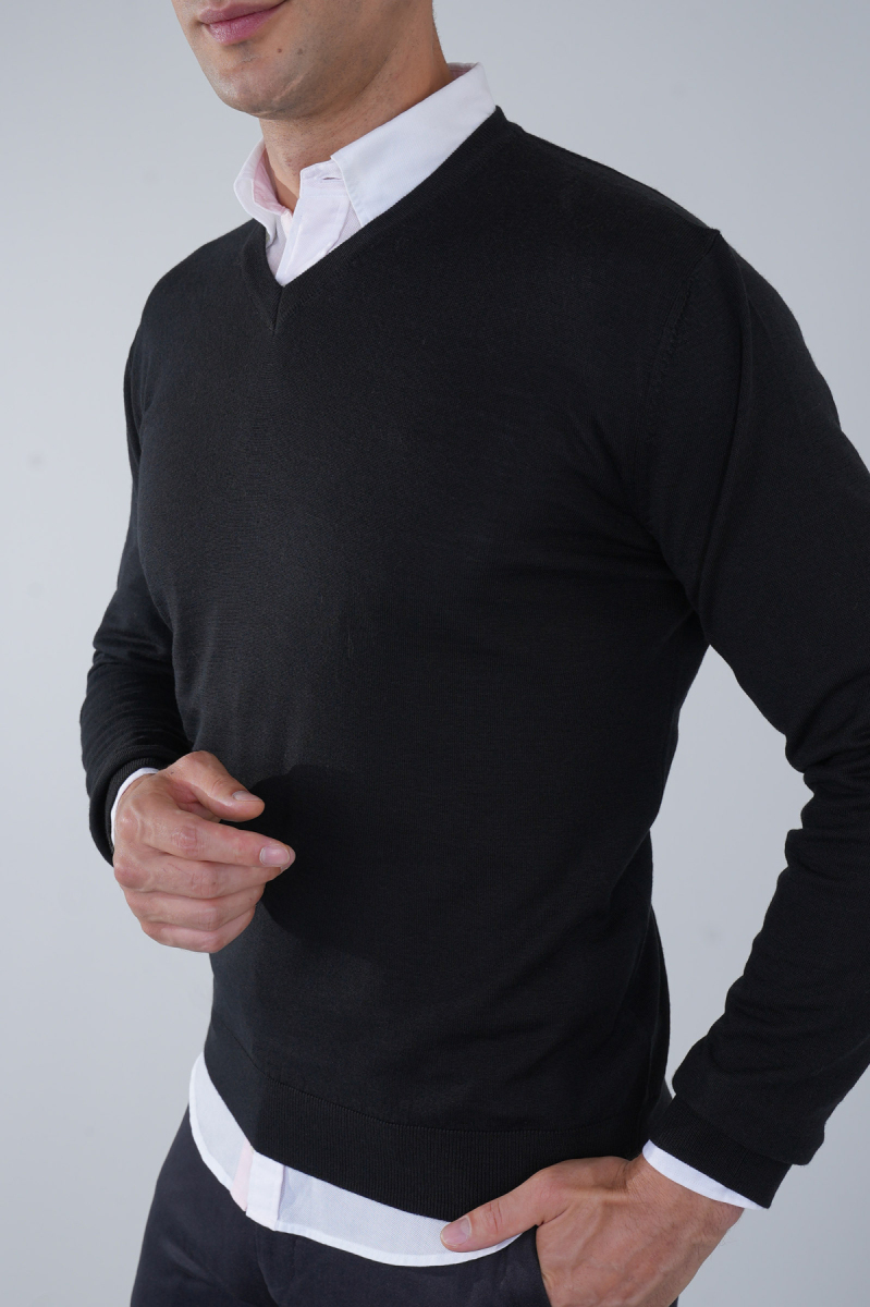 Basic V Yaka Siyah Erkek Triko - 3