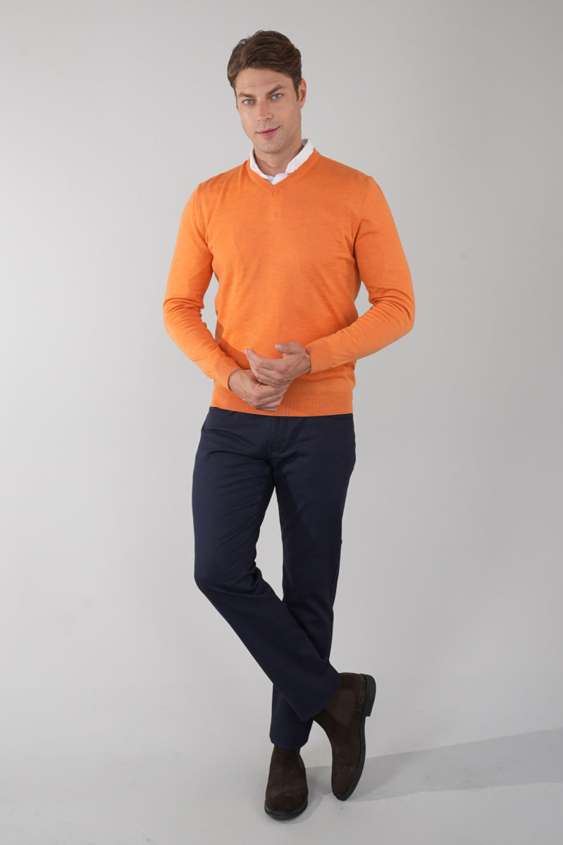Basic V Yaka Turuncu  Erkek Triko - 5