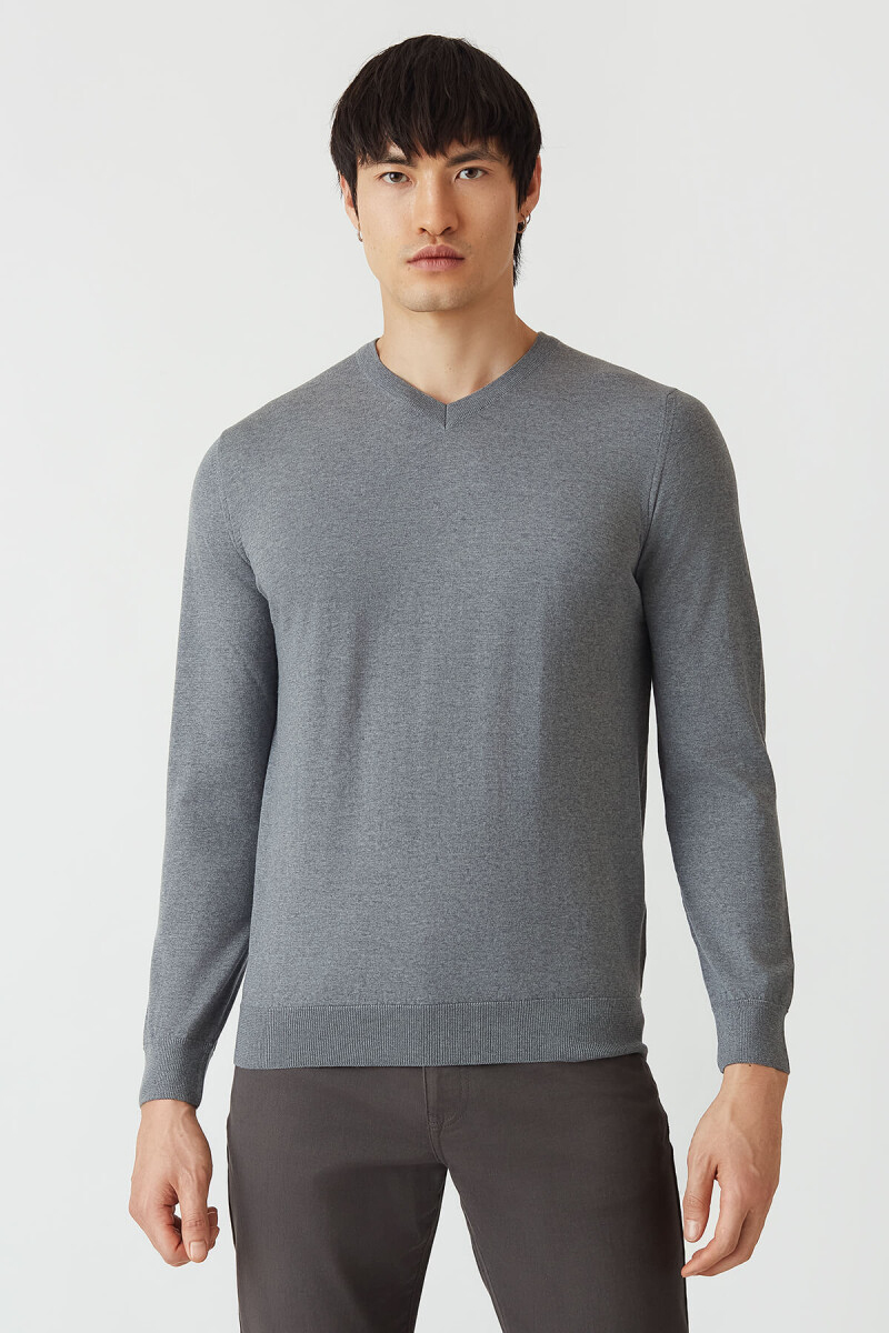 Basic V Yaka Yün Koyu Gri Erkek Triko - 1