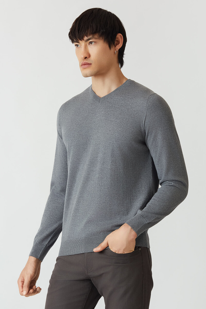 Basic V Yaka Yün Koyu Gri Erkek Triko - 4