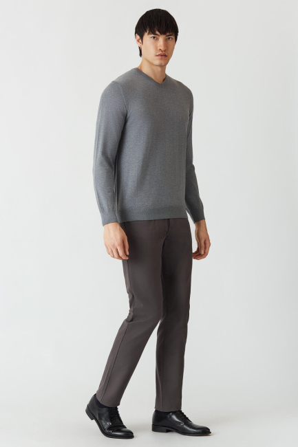 Basic V Yaka Yün Koyu Gri Erkek Triko - 5