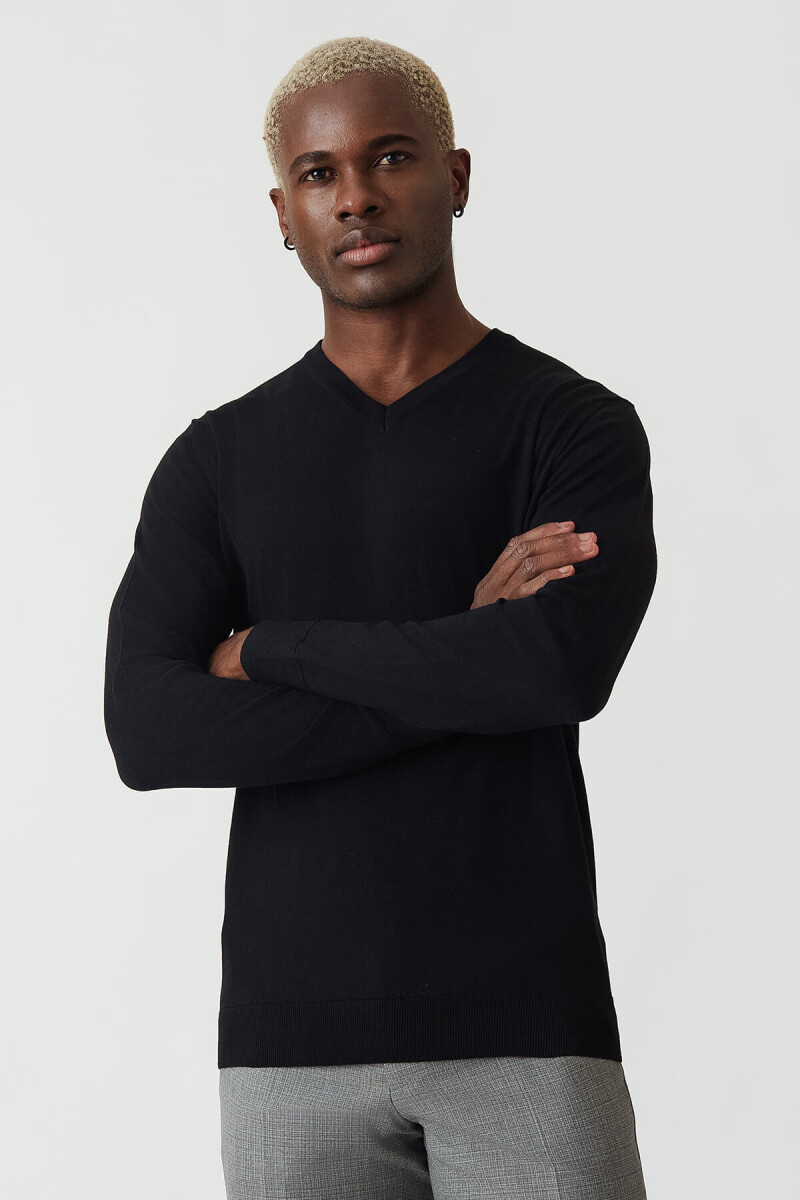 Basic V Yaka Yün Koyu Siyah Erkek Triko - 4