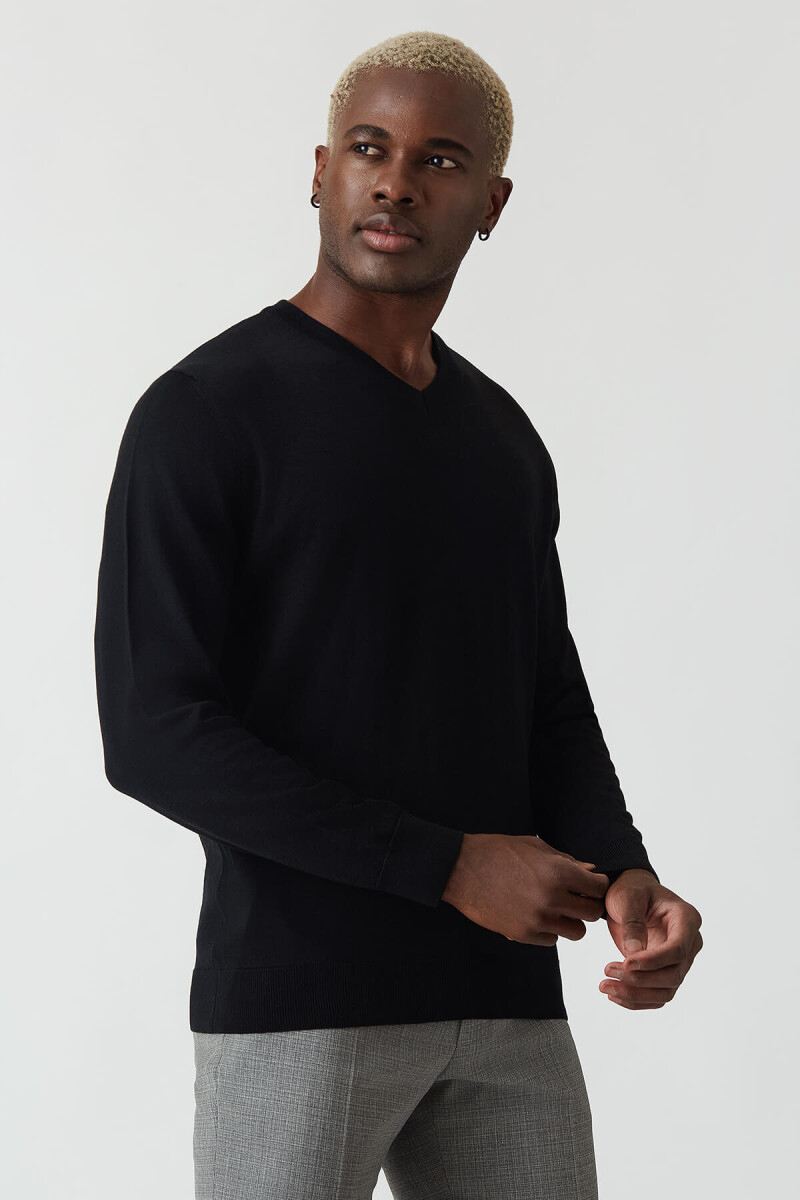 Basic V Yaka Yün Koyu Siyah Erkek Triko