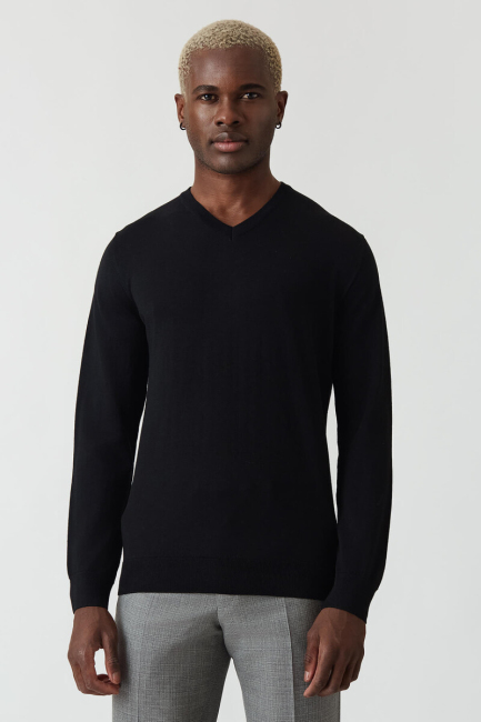 Basic V Yaka Yün Koyu Siyah Erkek Triko - 5