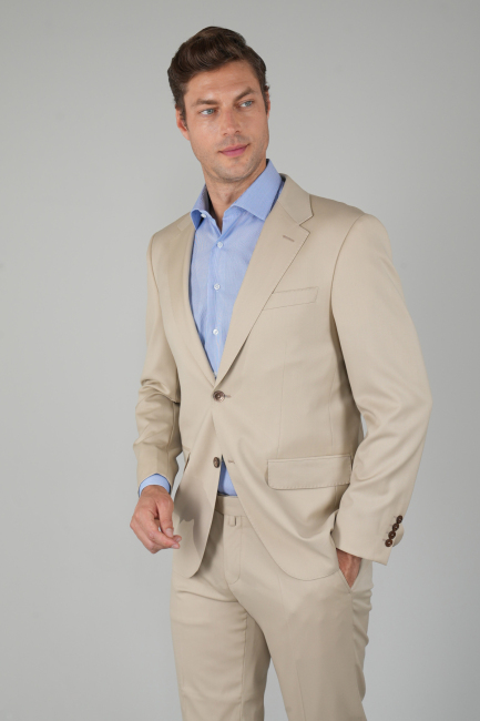 Bej Dokuma Mono Yaka Çift Yırtmaçlı 6 Drop Yün Klasik Takım Elbise - 3