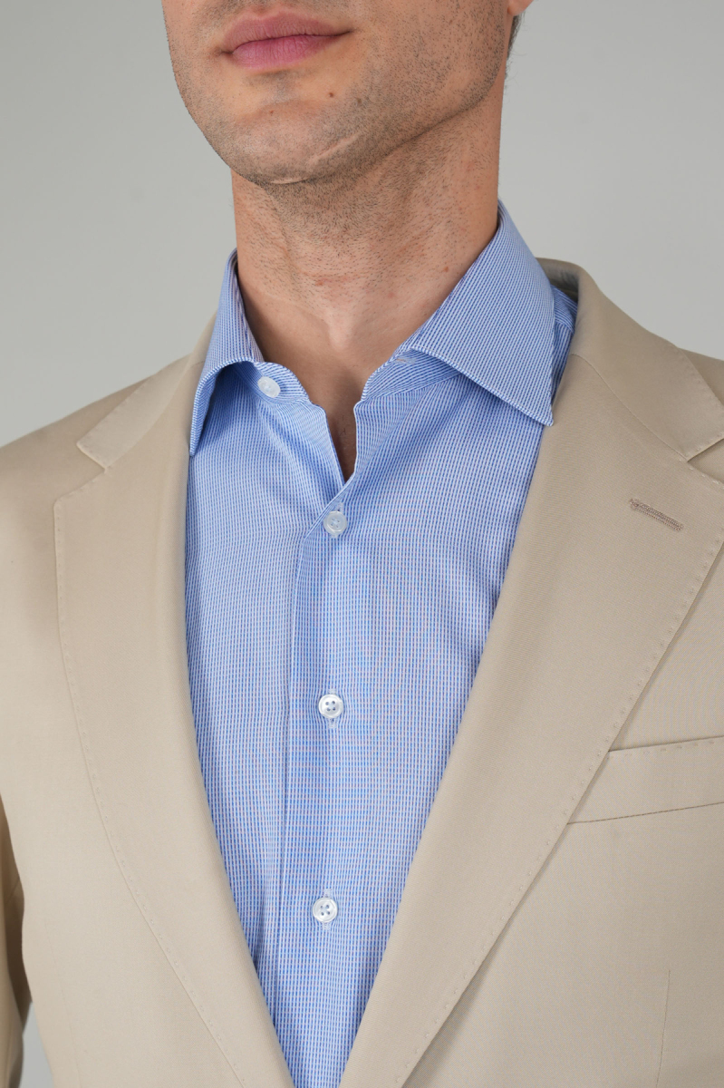 Bej Dokuma Mono Yaka Çift Yırtmaçlı 6 Drop Yün Klasik Takım Elbise - 4