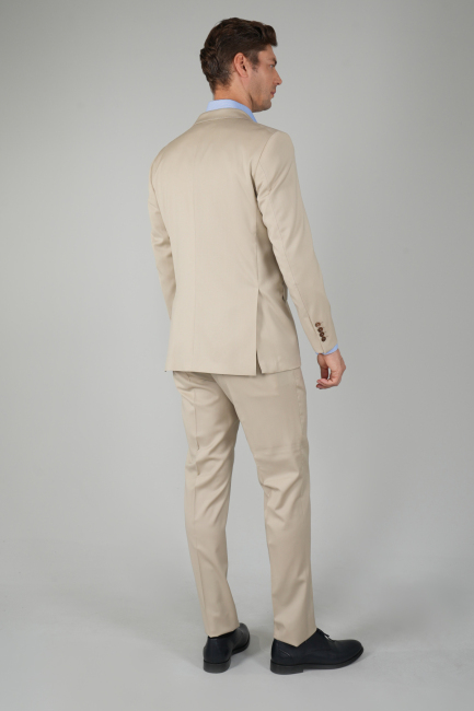 Bej Dokuma Mono Yaka Çift Yırtmaçlı 6 Drop Yün Klasik Takım Elbise (1)