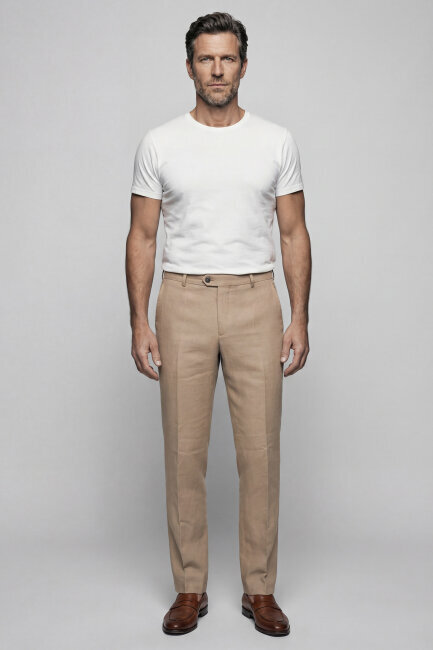 Bej Keten Viskon Karışımlı 5 Cepli Spor Erkek Pantolon 