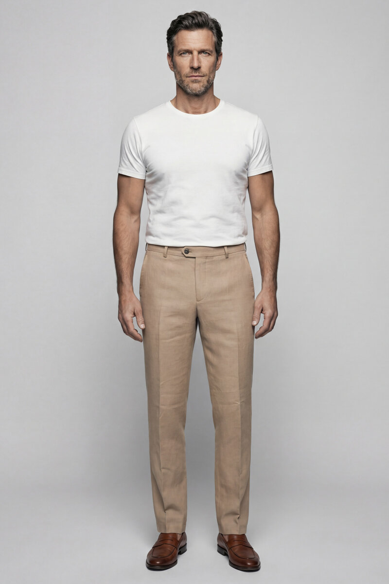 Bej Keten Viskon Karışımlı 5 Cepli Spor Erkek Pantolon - 1