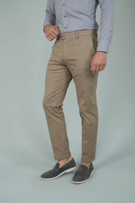 Bej Pamuklu Chino Pilesiz Erkek Pantolon