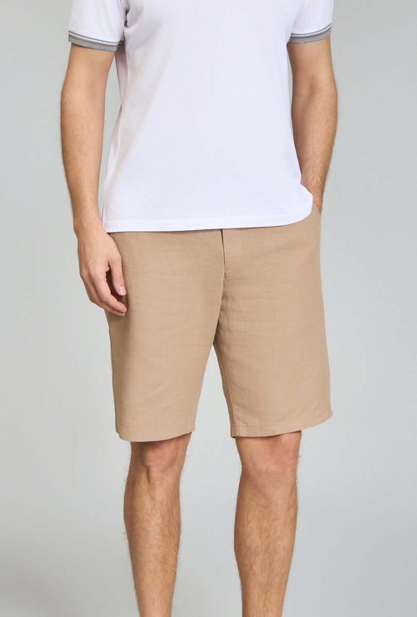 Bermuda Cepli Bej Erkek Keten Şort - 1