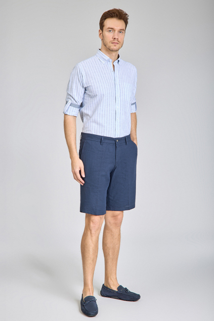 Bermuda Cepli Lacivert Erkek Keten Şort - 5