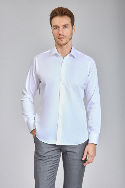 Beyaz Saten Uzun Kol Klasik Erkek Gömlek   